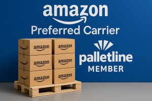  Amazon boxes stacked on a pallet, showcasing Amazon preferred carrier and Palletline member benefits.